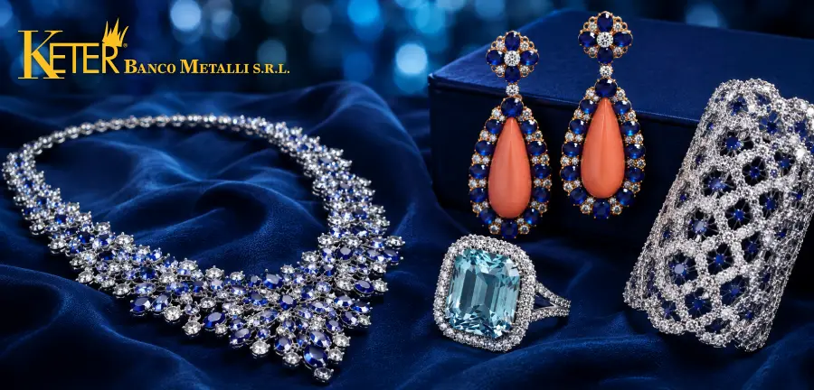 Collana, anello, orecchini e gioielli di alta gioielleria ispirati alla collezione Tiffany Blue Book con diamanti, zaffiri blu e pietre preziose su tessuto elegante