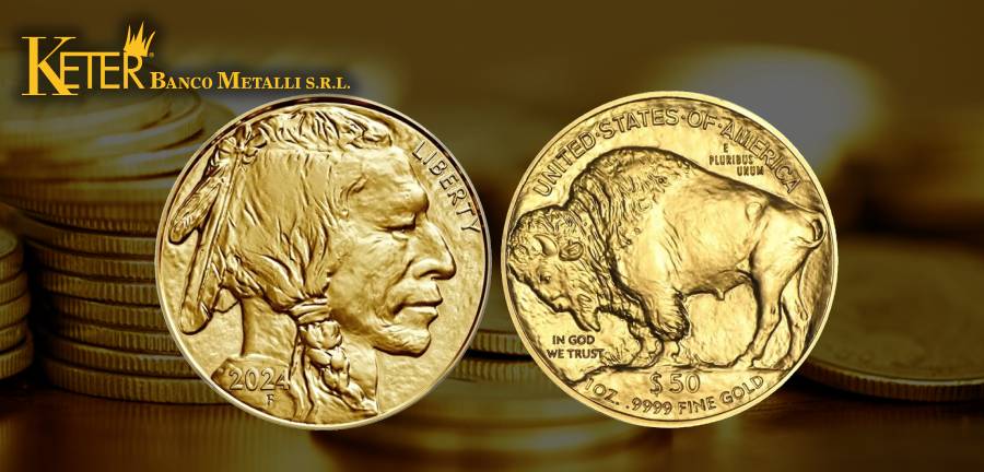 Moneta d'oro American Buffalo da 50 dollari con immagine di capo indiano e bisonte americano