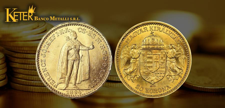 Monete Corone Ungheresi d'Oro con immagine dell'imperatore Francesco Giuseppe I e la corona di Santo Stefano
