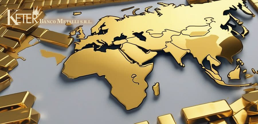 Mappa del mondo dorata circondata da lingotti d’oro che rappresentano l’impatto del sentiment geopolitico globale sul valore dell’oro come bene rifugio nei mercati internazionali