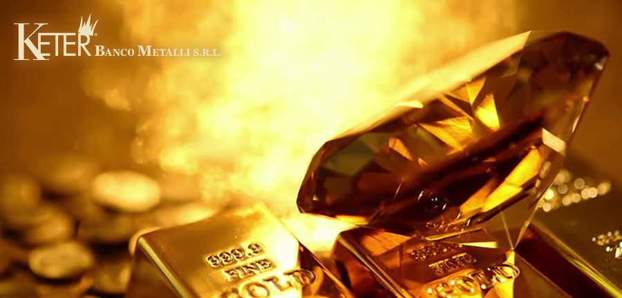 Lingotti d'oro da investimento e diamante sfaccettato simbolo di beni rifugio sicuri per la protezione del patrimonio durante crisi economiche e incertezza finanziaria globale.