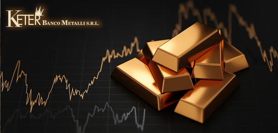 Lingotti d’oro brillanti su sfondo nero con grafici di andamento finanziario, simbolo di investimento sicuro contro l’inflazione e protezione del risparmio nel lungo periodo.