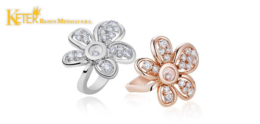Anelli Chopard della collezione Happy Diamonds presentati a Baselworld 2015, in oro bianco e rosa 18 carati con diamanti mobili, simbolo di eleganza e lusso raccontati da Keter Compro Oro a Roma.