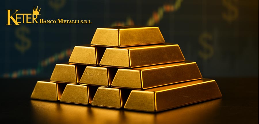 Pila di lingotti d’oro brillanti disposti su un tavolo con grafico finanziario sullo sfondo, simbolo di stabilità economica e bene rifugio durante le crisi, rappresentativo dell’oro da investimento.