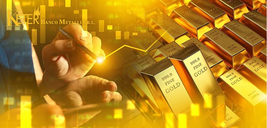 Analisi del prezzo dell’oro con grafico finanziario e lingotti in oro 999,9, rappresentazione delle previsioni degli analisti sull’andamento dell’oro nel 2026.