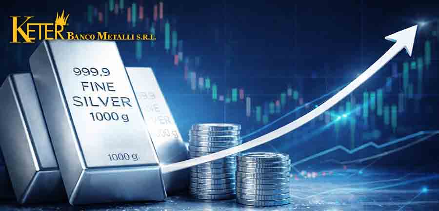 Lingotti di argento puro 999,9 con grafico finanziario in crescita, simbolo delle previsioni sul prezzo dell’argento nel 2026 e dell’interesse degli investitori nei metalli preziosi