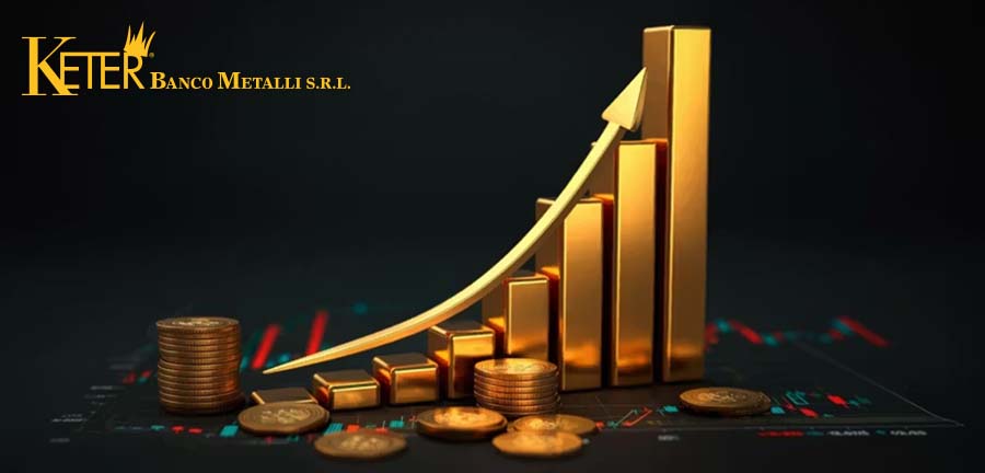 Grafico in crescita con lingotti e monete d’oro, simbolo delle monete d’oro da investimento più promettenti del 2026 e dell’andamento positivo del mercato dell’oro.