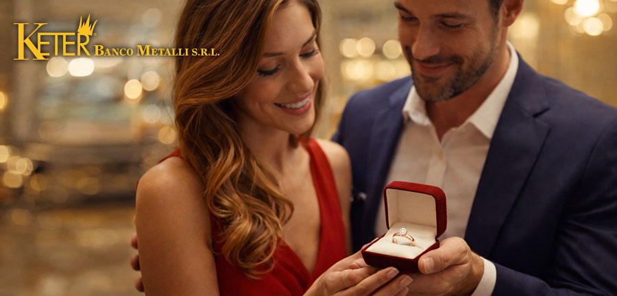 Coppia elegante che sceglie un gioiello in oro come regalo importante per San Valentino 2026 in un contesto di lusso.