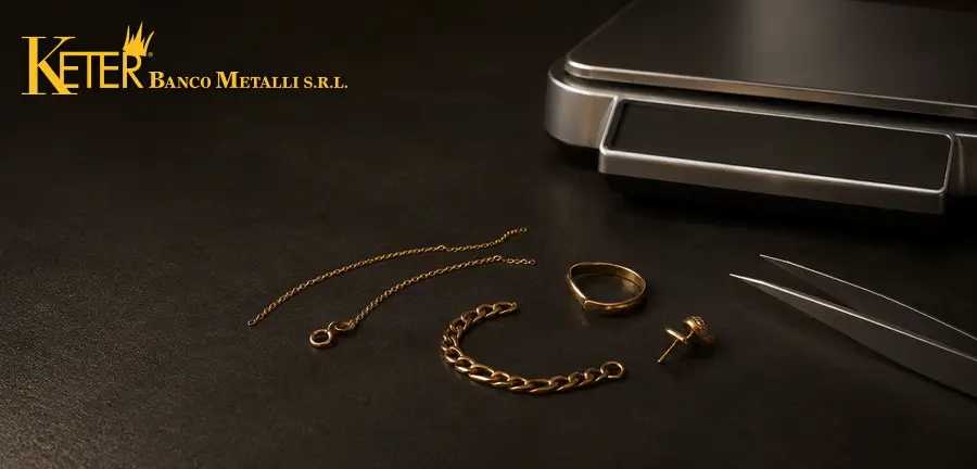 Gioielli in oro rotti e deformati disposti su un banco professionale per la valutazione